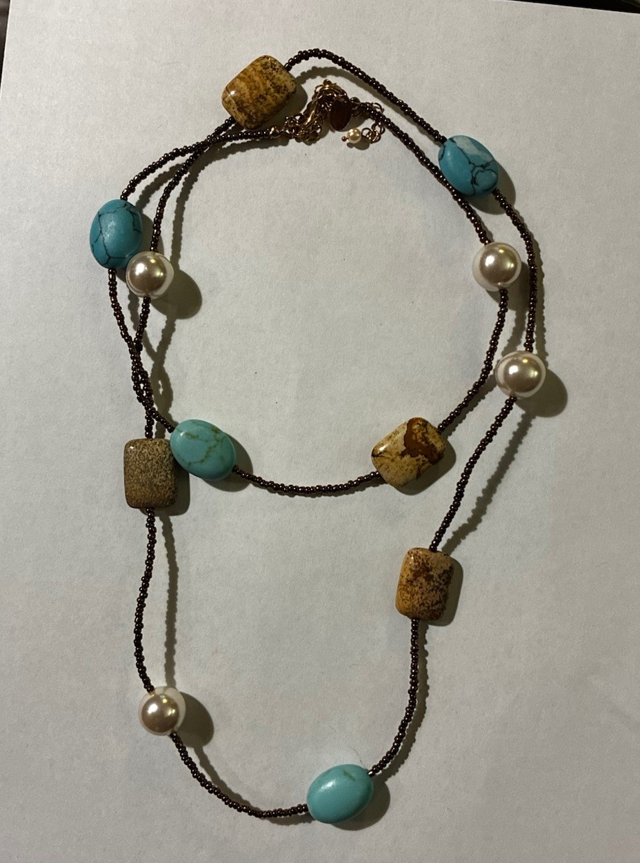 Lia Sophia “Capri” Genuine Jasper & Turquoise, Faux Pearls, Gold Long Necklace