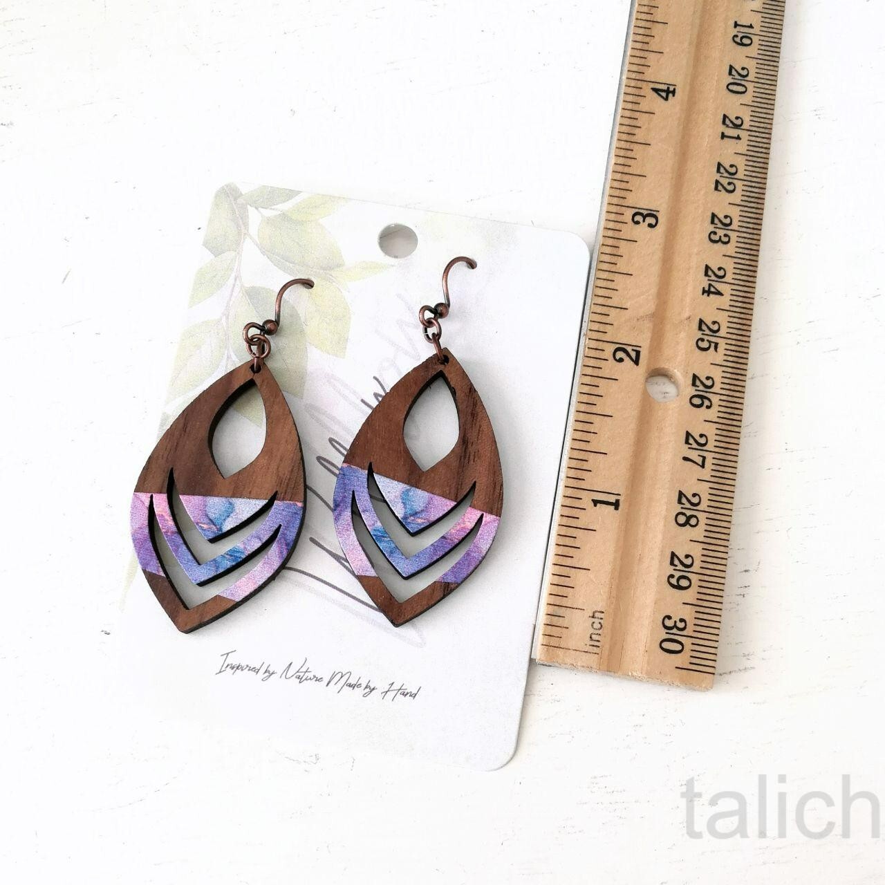 DC Designs Cutout Walnut Wood Earrings with Pink Purple Art Print Boho Chic E43W