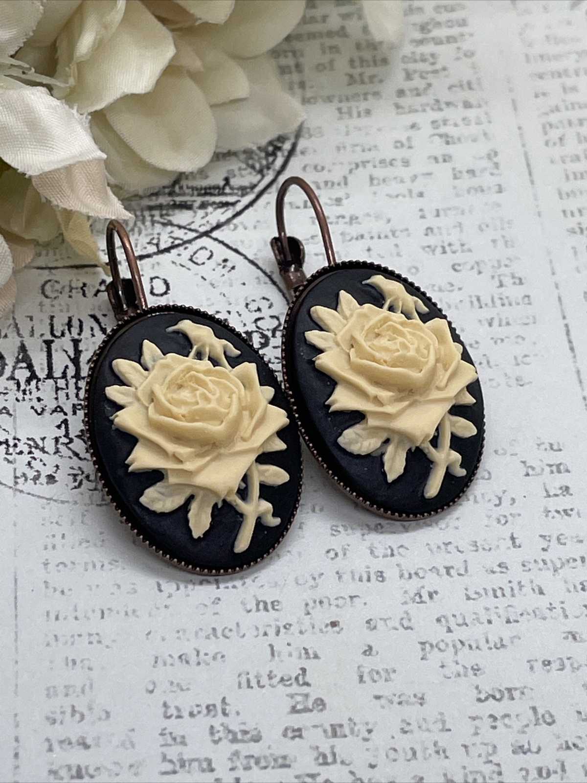 Rose Gold Brass Cream & Black Victorian Anniversary Earrings Cameo Birthday Gift
