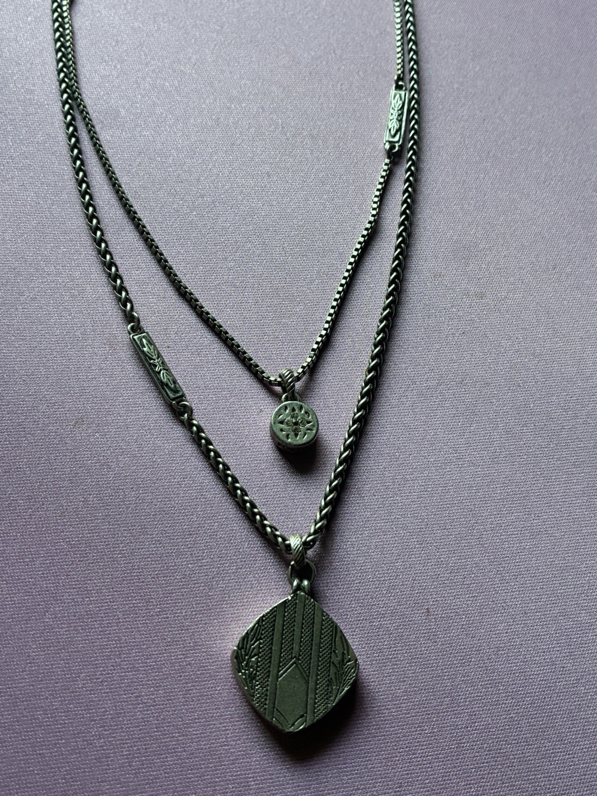 Fossil Silver-Tone Double Strand Layered Chain Necklace Asym Charm Signed
