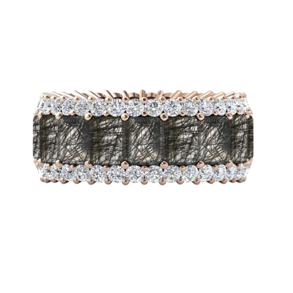 Black Rutile Quartz Eternity Wedding Band For Women 13.00Ct Emerald Cut 6x4MM