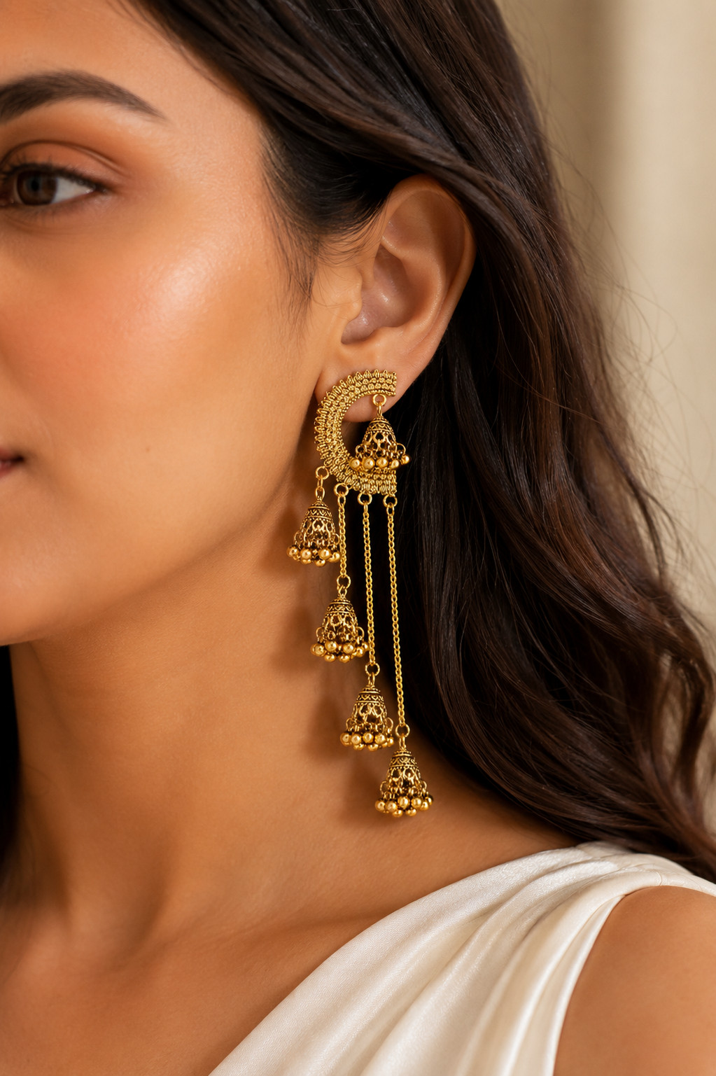 Indian Traditional Antique Gold Chandbali Jhumkas with Multi-Layer Hanging Bells