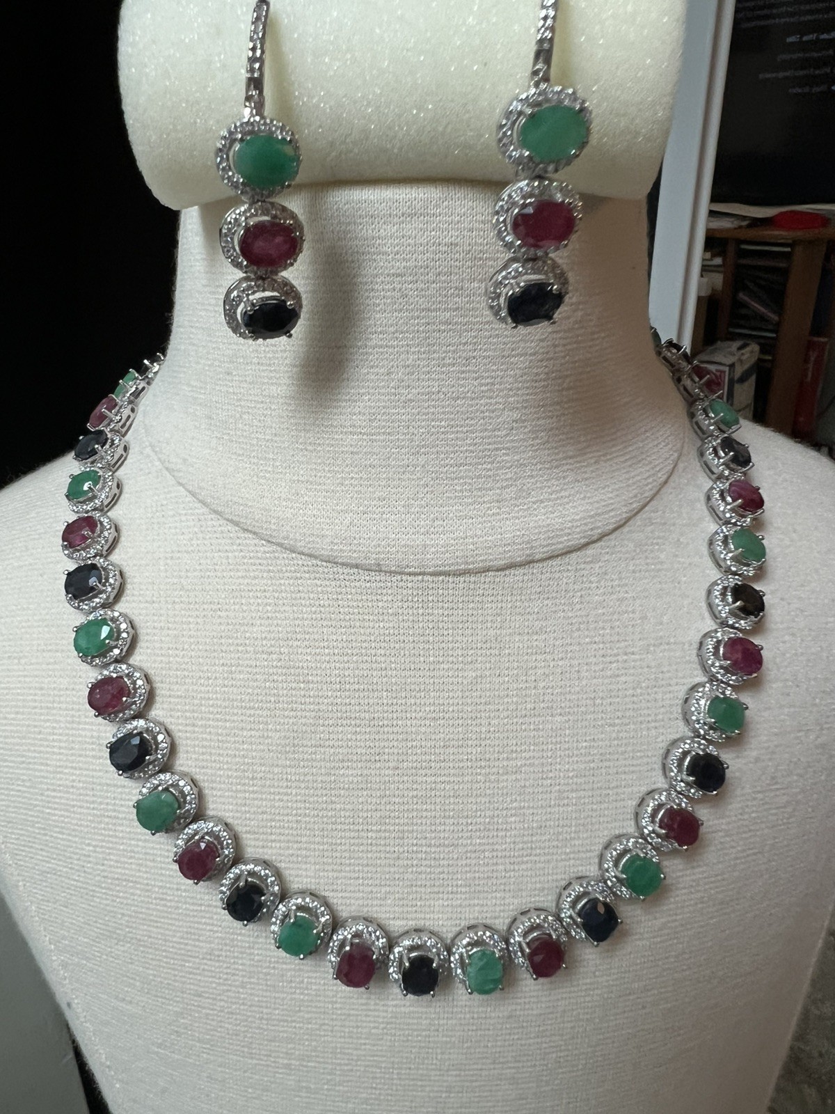 Cocktail Party Sterling Silver Red Green Blue Earring Necklace B/Rings Set Women