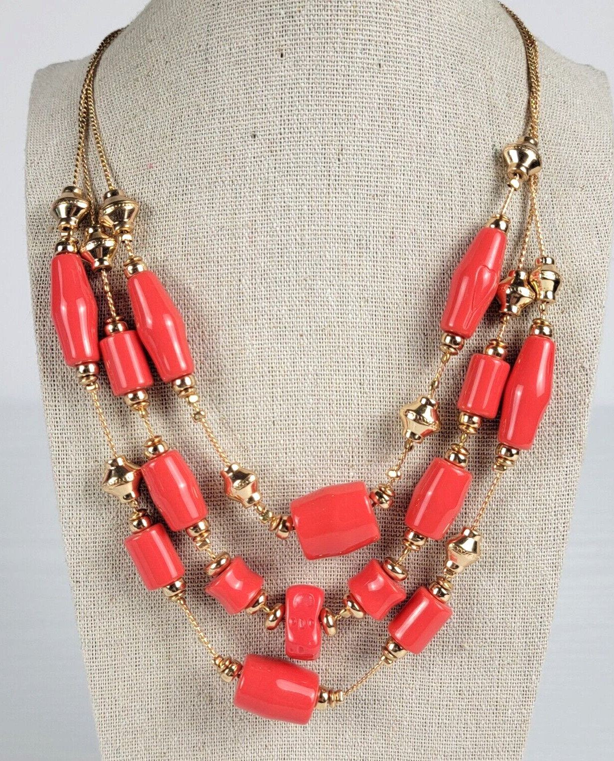 C1946 Double Row Orange And Gold Beaded Layered Necklace 20.5 Inch Lobster Clasp