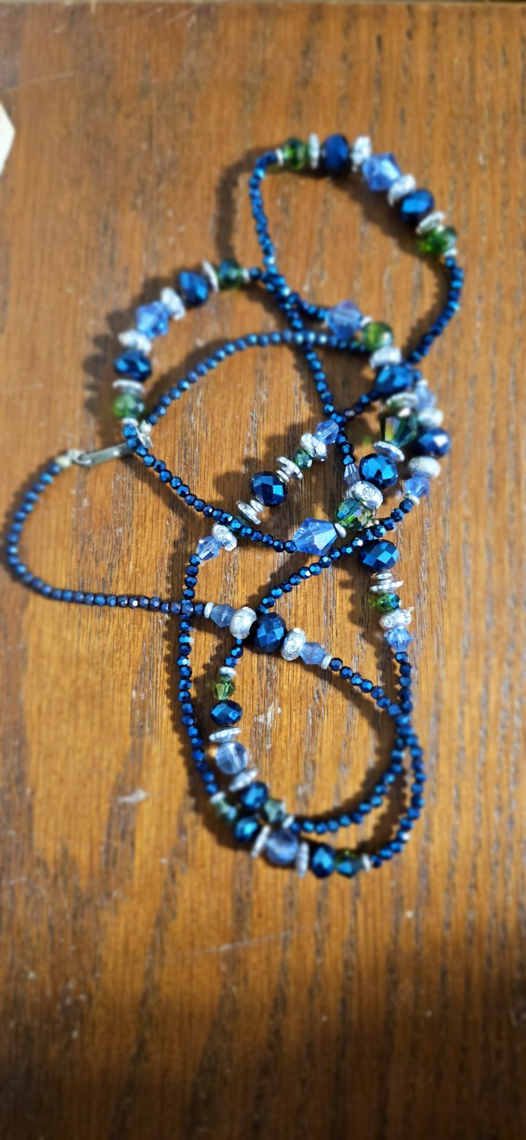 Blue Green Glass & Crystal Beaded Necklace Ball/Bead on 20″ Chain Silver Tone