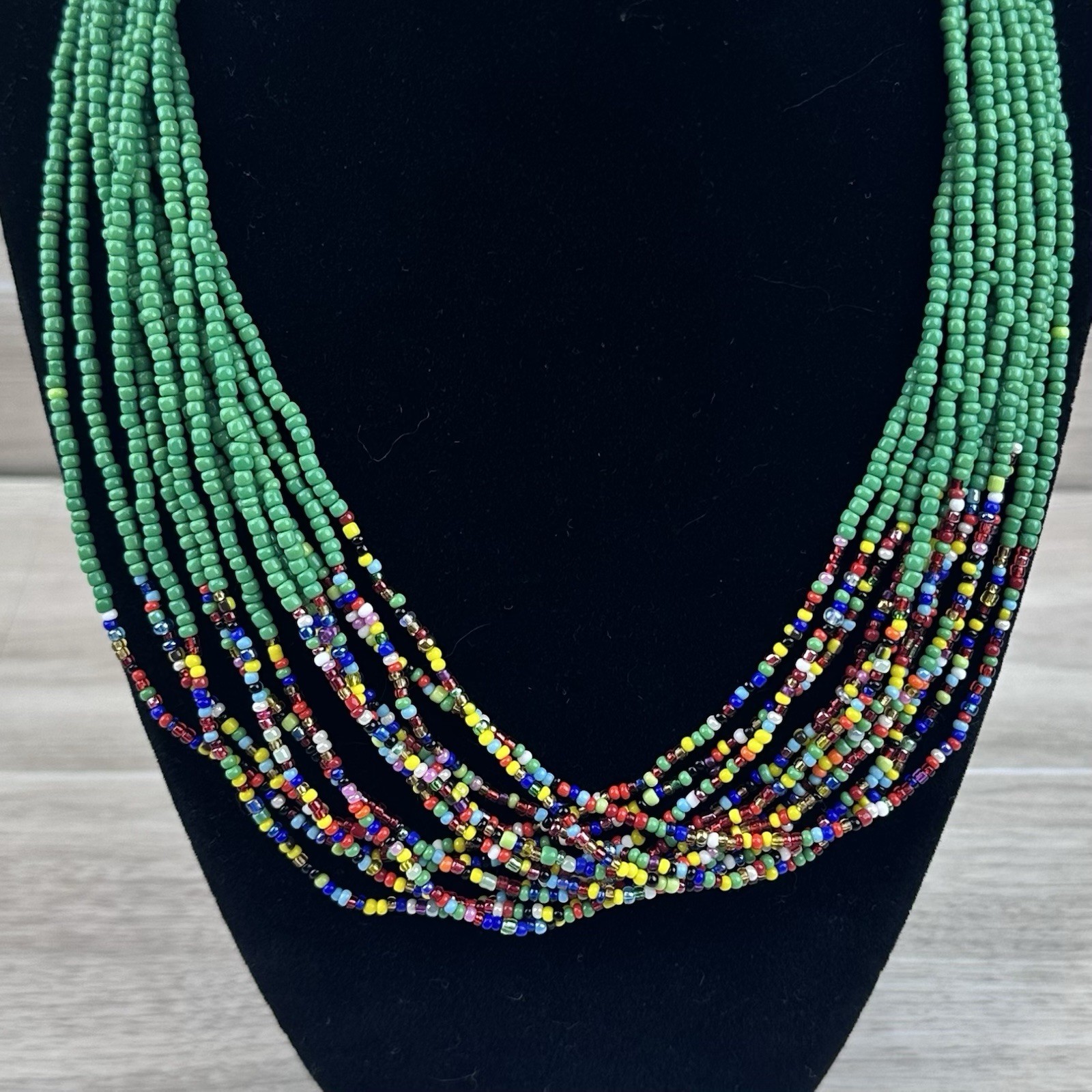 Seed Bead Necklace Green & Multicolor Multi Strand Statement Boho Style 18”