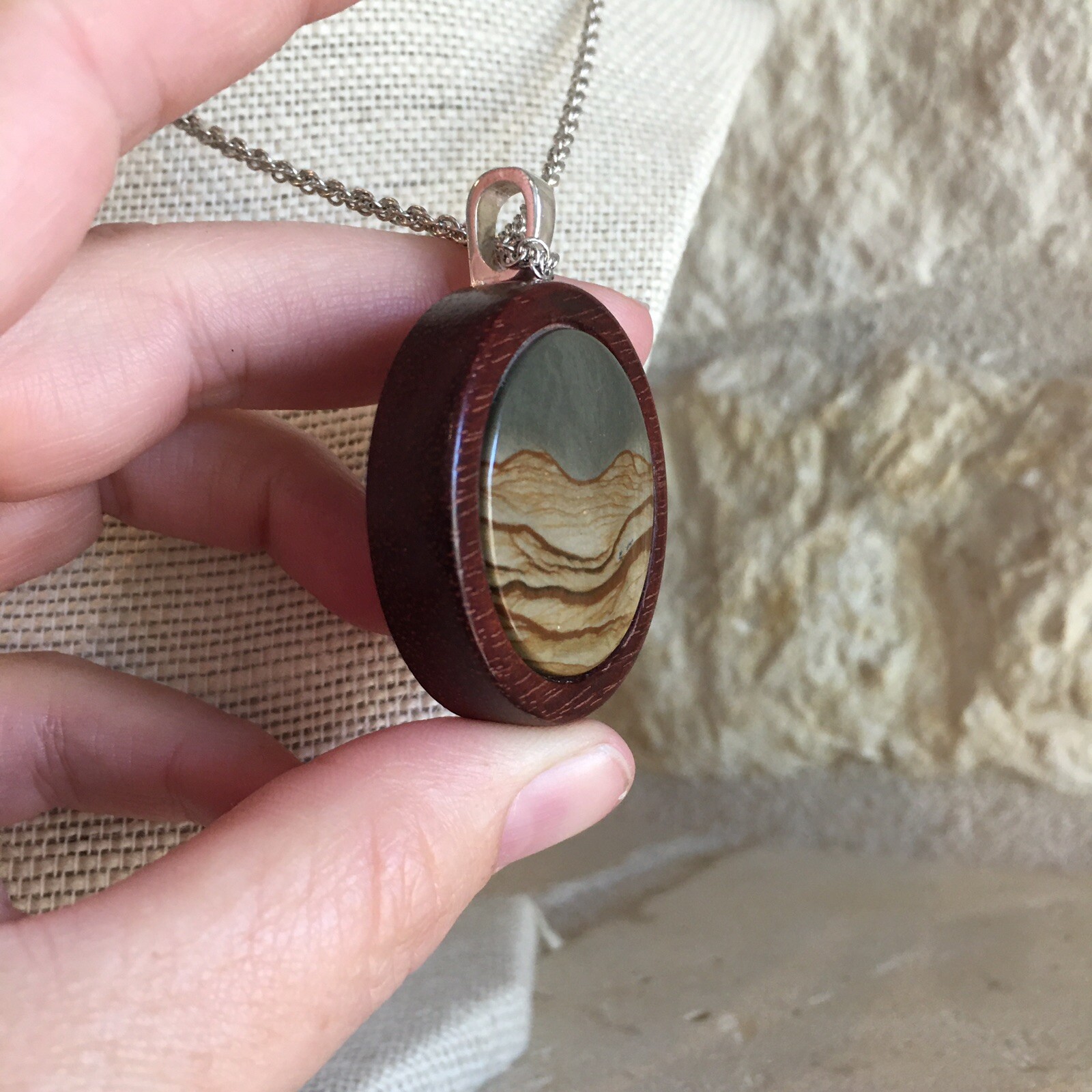 Wood Round Pendant w/ Silver Tone 19in. + 3in. extended Chain – Boho, Natural, 