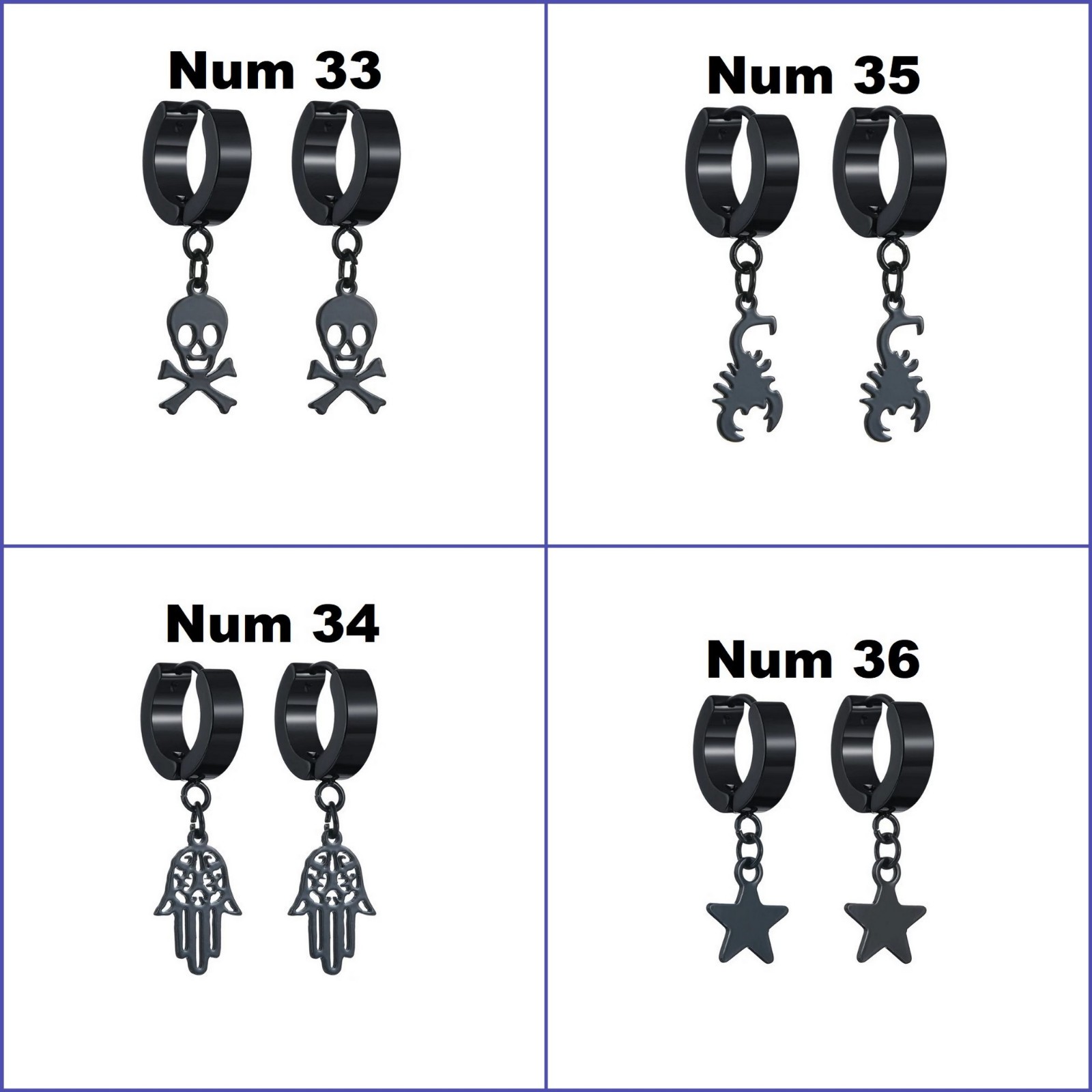 Thin hoop men earrings black, Dagger-skull-goth-punk-sword hoops cross, dangle