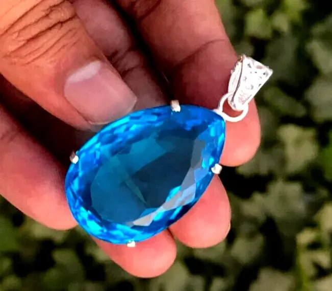 Natural 60.20 Ct Brazilian Pear Cut Blue Topaz Pendant 925 Silver Gemstone