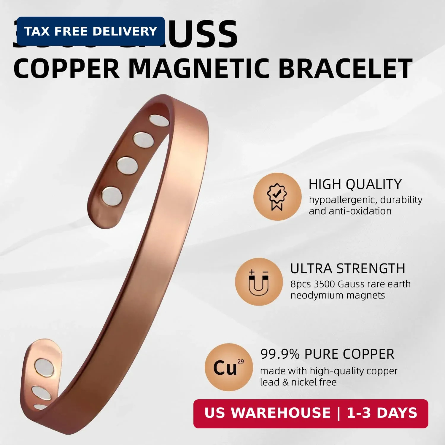 MagEnergy Copper Bracelet for Men and Women, 99.9% Pure Copper Magnetic Bangle w
