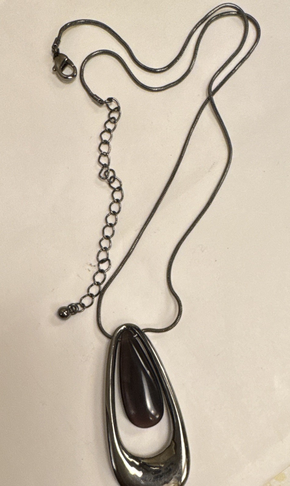 Silver Tone Teardrop Charm Pendant Snake Chain Necklace, Adjustable Lobster