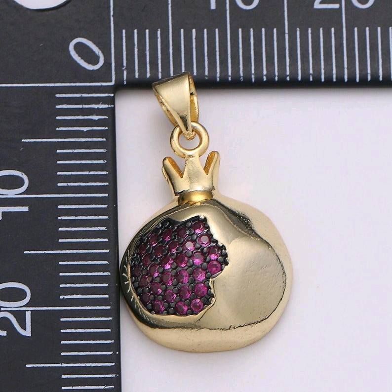 24k Gold Filled Pomegranate Fruit Charm, Purple Seed and Green Leaf Dainty Penda