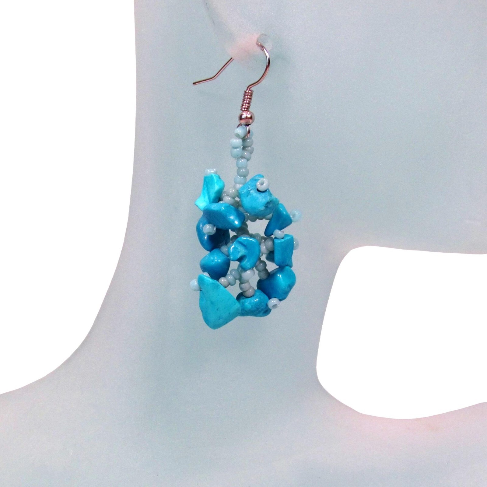 1 1/2″ Drop Style Turquoise Color Stone Chip Handmade Dangle Seed Bead Earrings