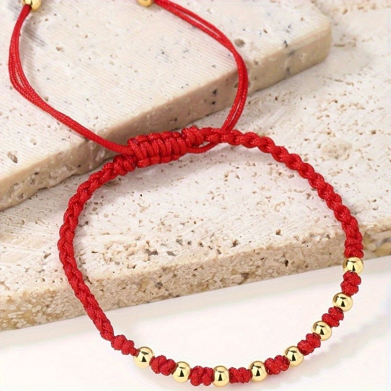 Men’s and Women’s Golden Copper Round Bead Red Braided Rope Bracelet