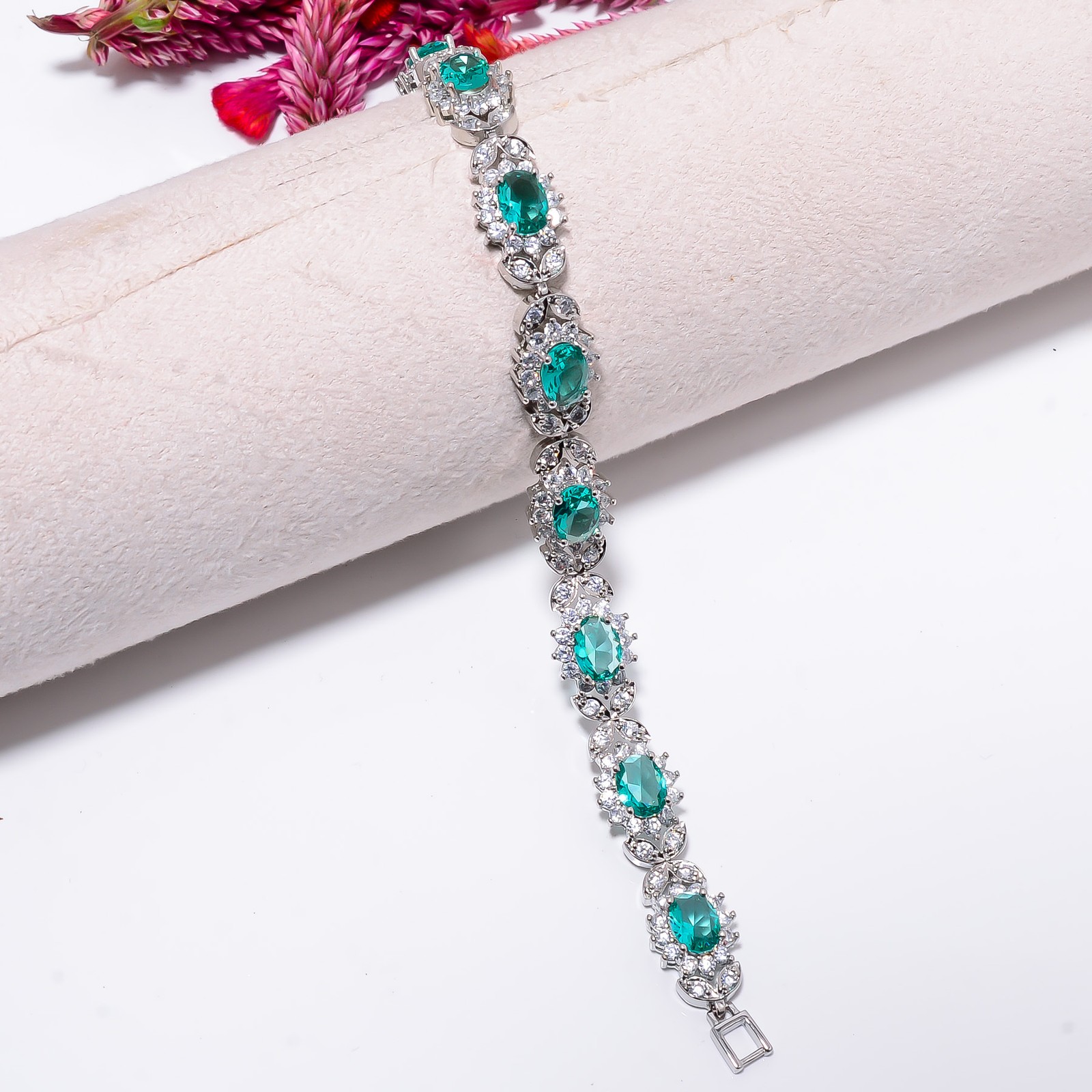 Paraiba Tourmaline, CZ 925 Sterling Silver Tennis Bracelet B129067