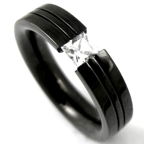Black Plated Titanium TENSION RING, 4mm Square Cubic Zirconia – Select Sizes
