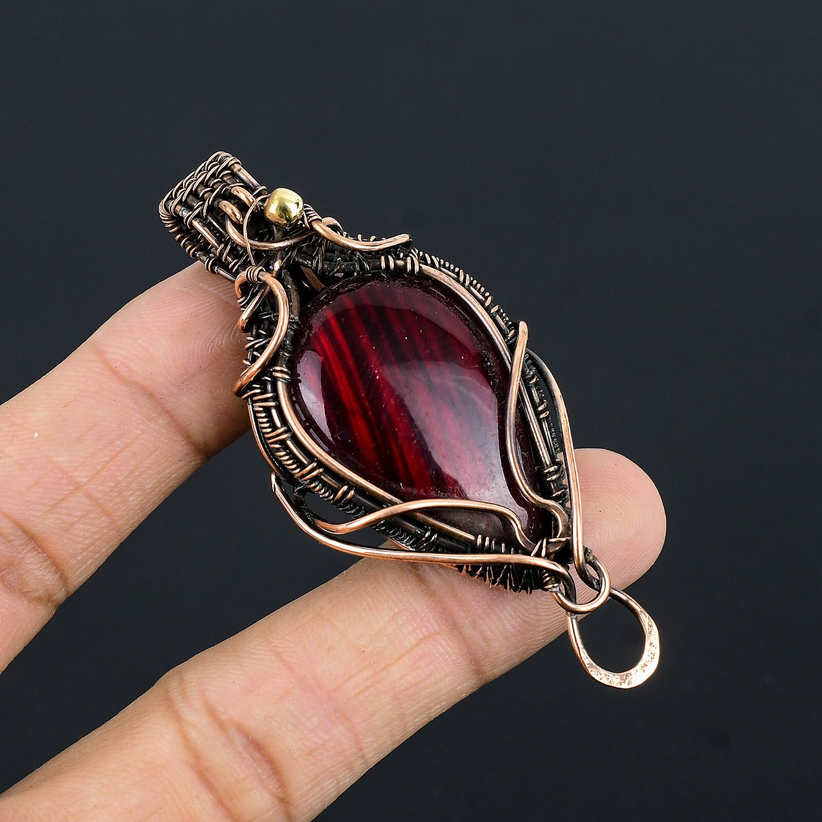 Red Flash Labradorite Gemstone Copper Wire Wrap Handmade Pendant Gift For Her