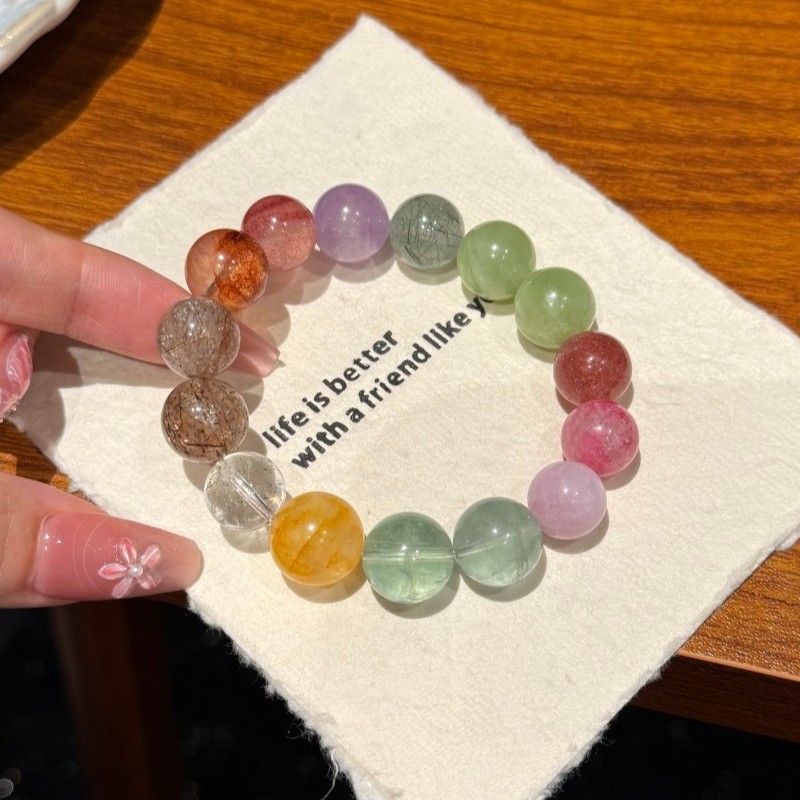 12/13mm Natural Green fluorite sprpentine jade rose quartz amethyst Bracelet