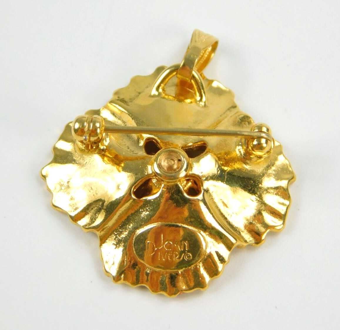 Joan Rivers Peach Enamel Rhinestone Flower Brooch Pin Pendant 1 1/8″