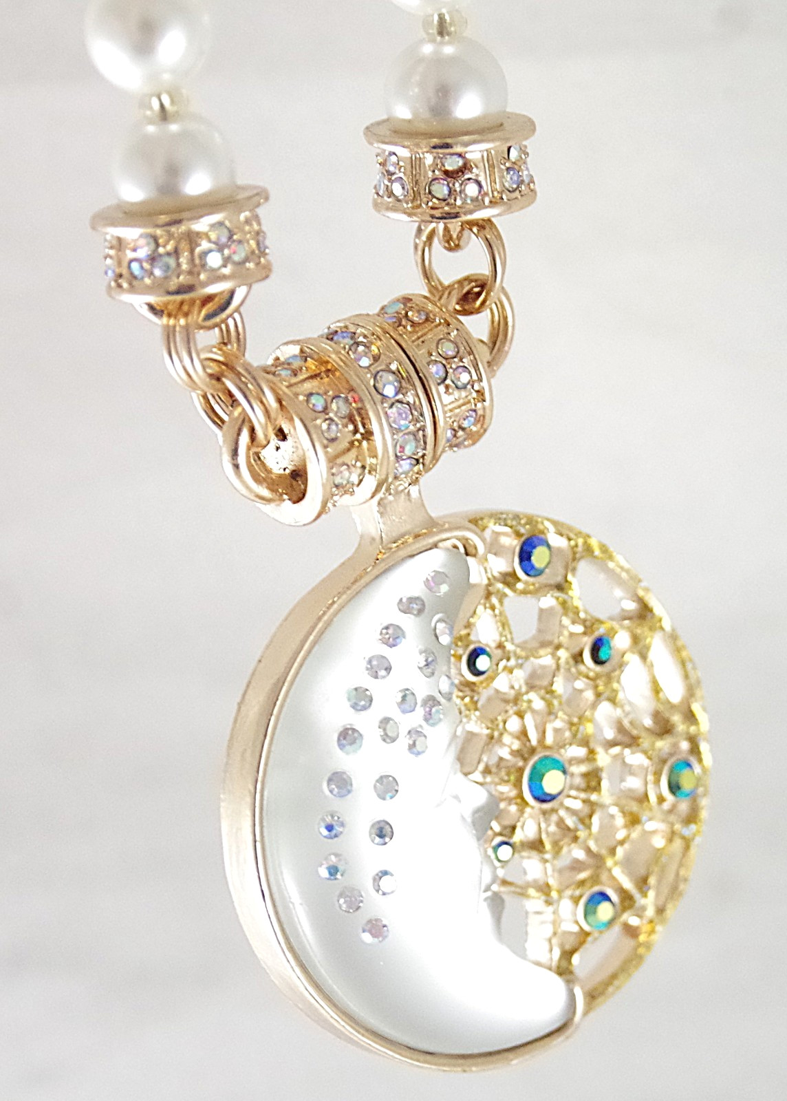 KIRKS FOLLY AB CRYSTAL RHINESTONE WHITE MOON/ DREAM CATCHER ENHANCER NECKLACE
