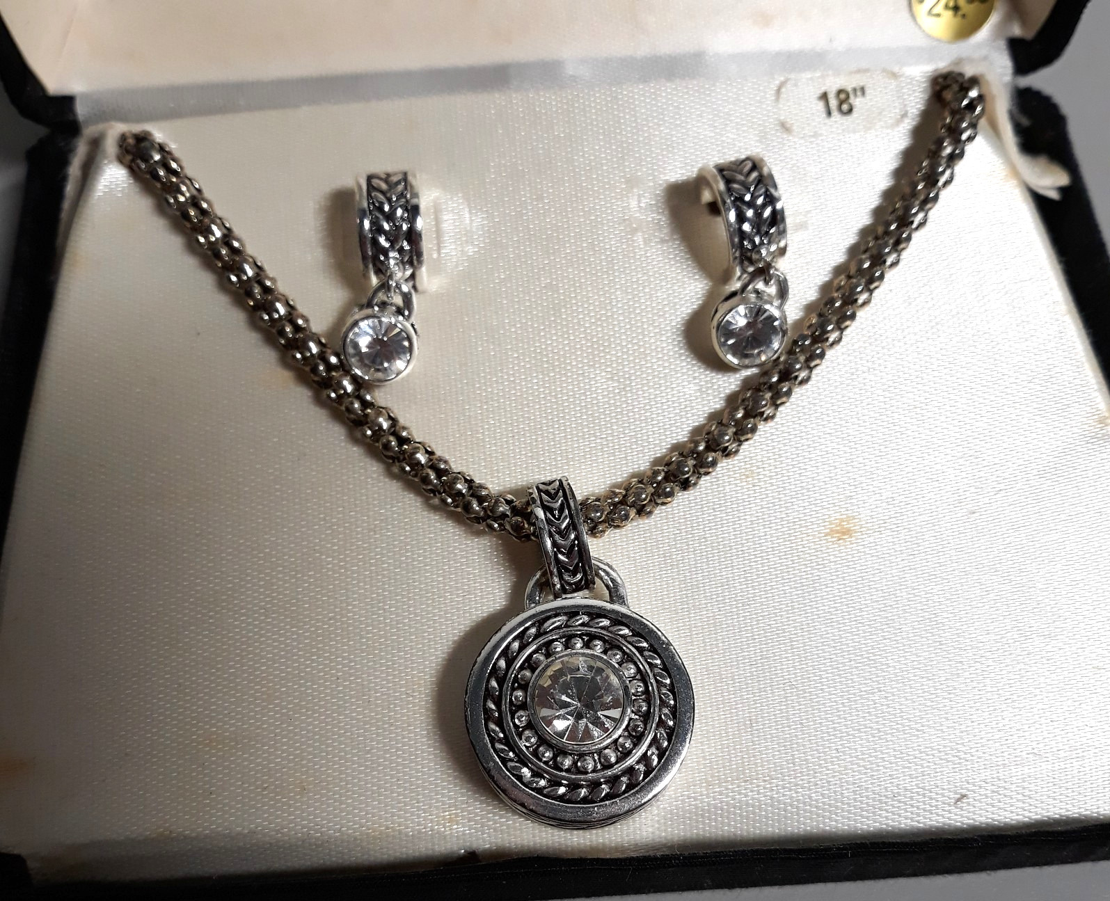 Vintage Roman Silvertone Necklace and Earring Set – Clear Stone Accents – Boxed 