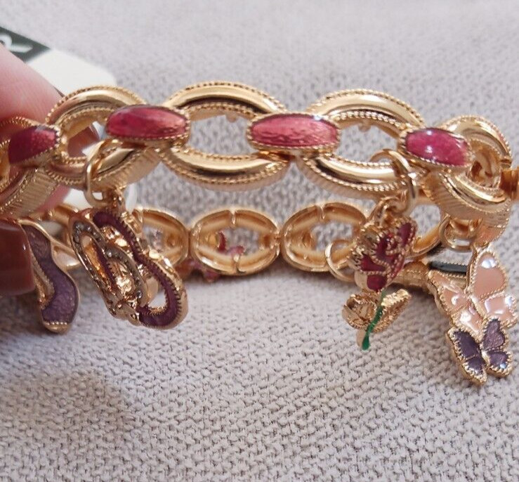 NWT Napier Gold Tone Love & Beauty Charm Stretch Bracelet Heart Rose Lipstick ++