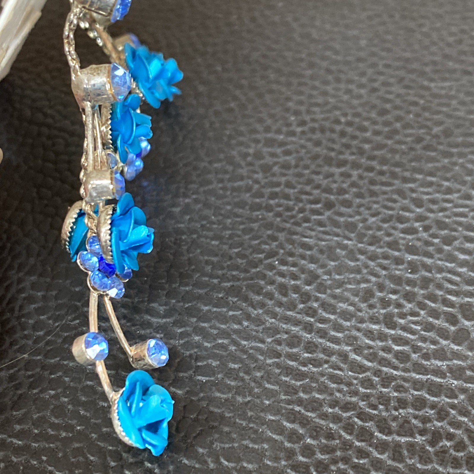 Faceted Blue Rhinestone Retro Aluminum Rose Dangle Silvertone Flower Earrings