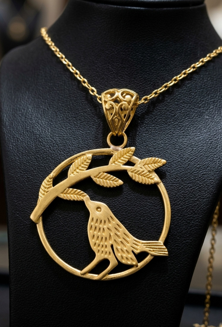 Pure Brass Bird on Branch Gold Color Pendant Nature Floral Charm Gift for Her.