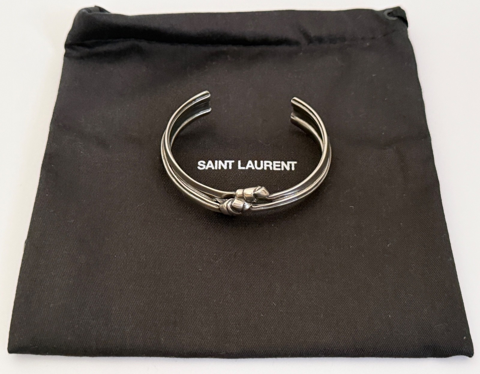 NWT Saint Laurent YSL Triple Knotted Antique Silver Brass Cuff Bracelet M $895