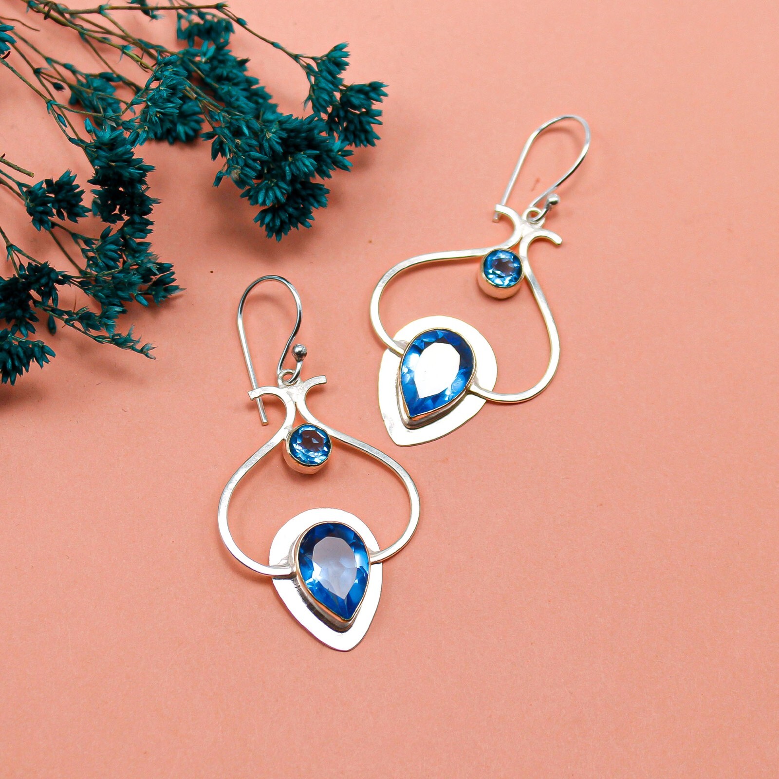 925Sterling Silver Apatite Gemstone Earrings Handcrafted Jewelry 2.2″ For Mother