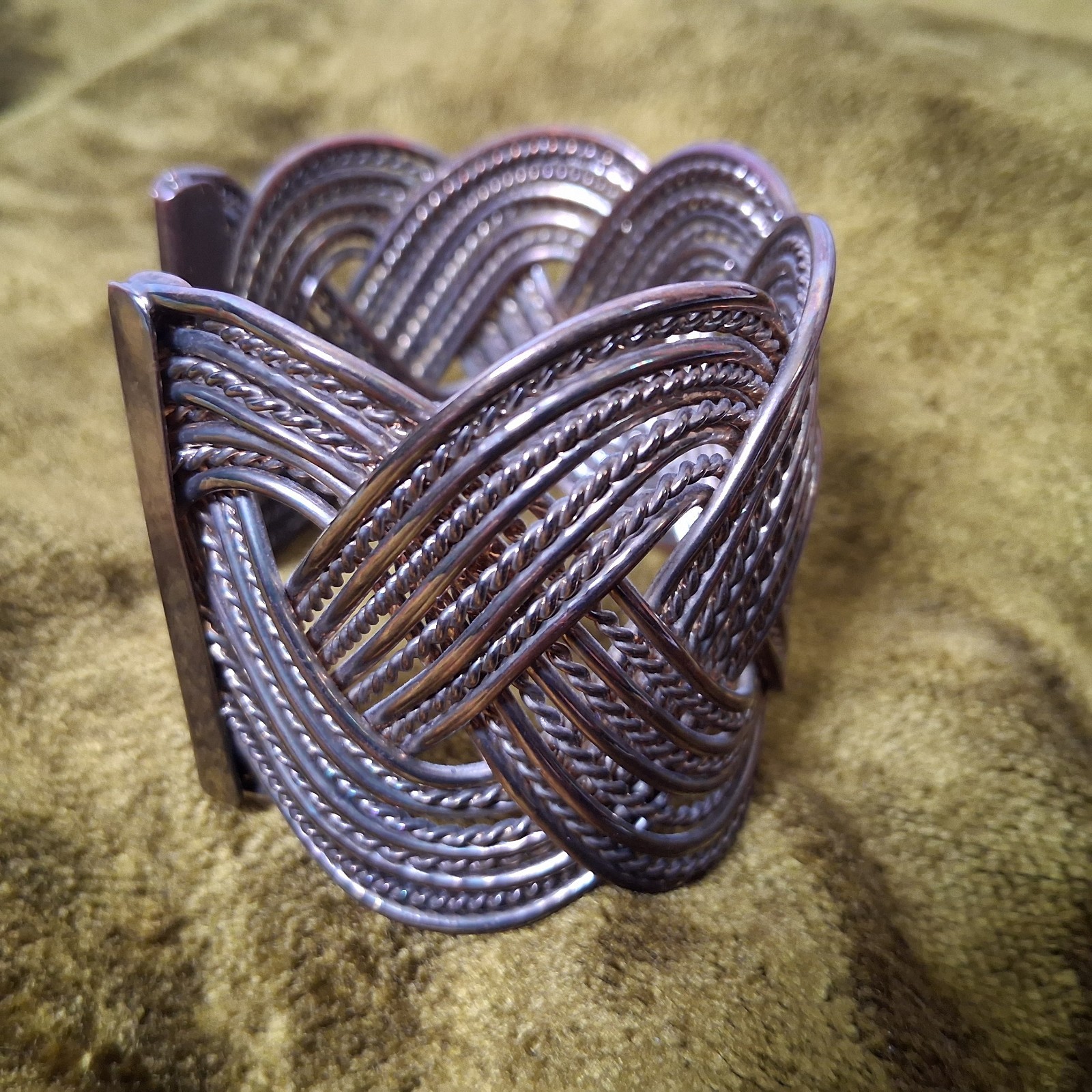 Braided Metal Cuff Bracelet Slip On Chunky Metal Jewelry Coil Boho 2″ Wide