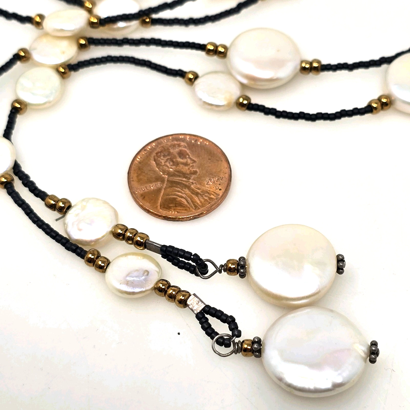 Long Baroque Coin Pearl Black Spinel Station Beaded Necklace 48″ Lariat