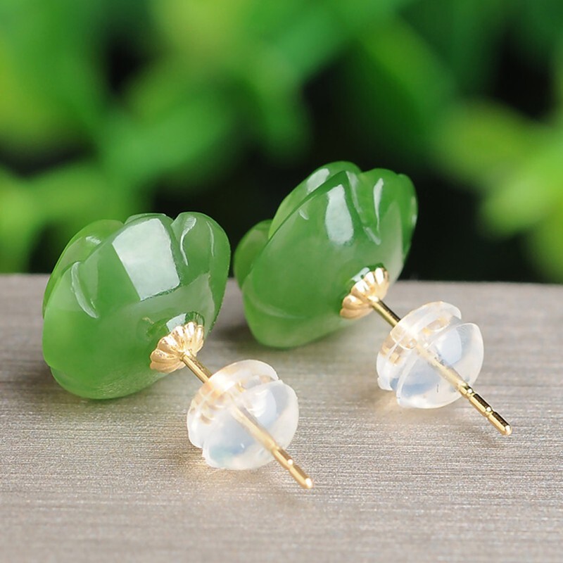Hand Carved Green Jade Rose Flower Floral Healing Dainty Stud Earrings for Women