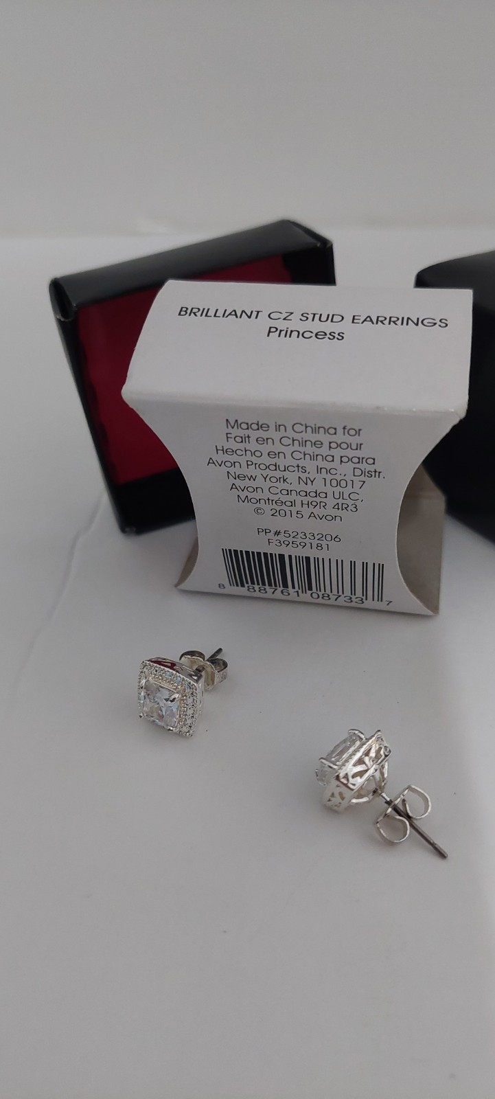 Avon Brilliant CZ Princess Square Halo Stud Earrings Silver Tone Butterfly Back