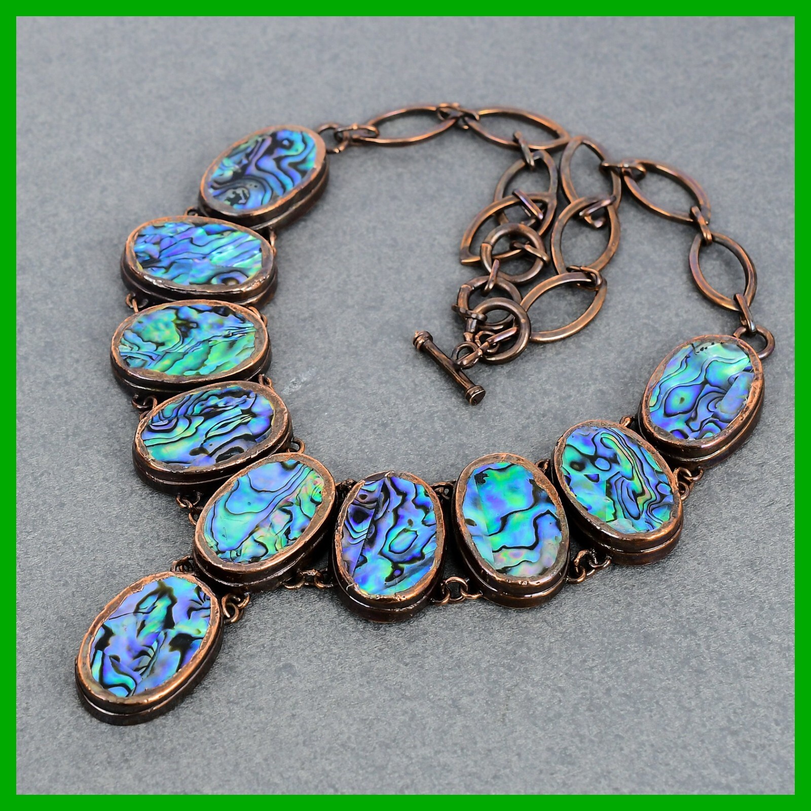 Oval Abalone Shell Stone Chain Bezel Electroformed Boho Necklace Jewelry Copper