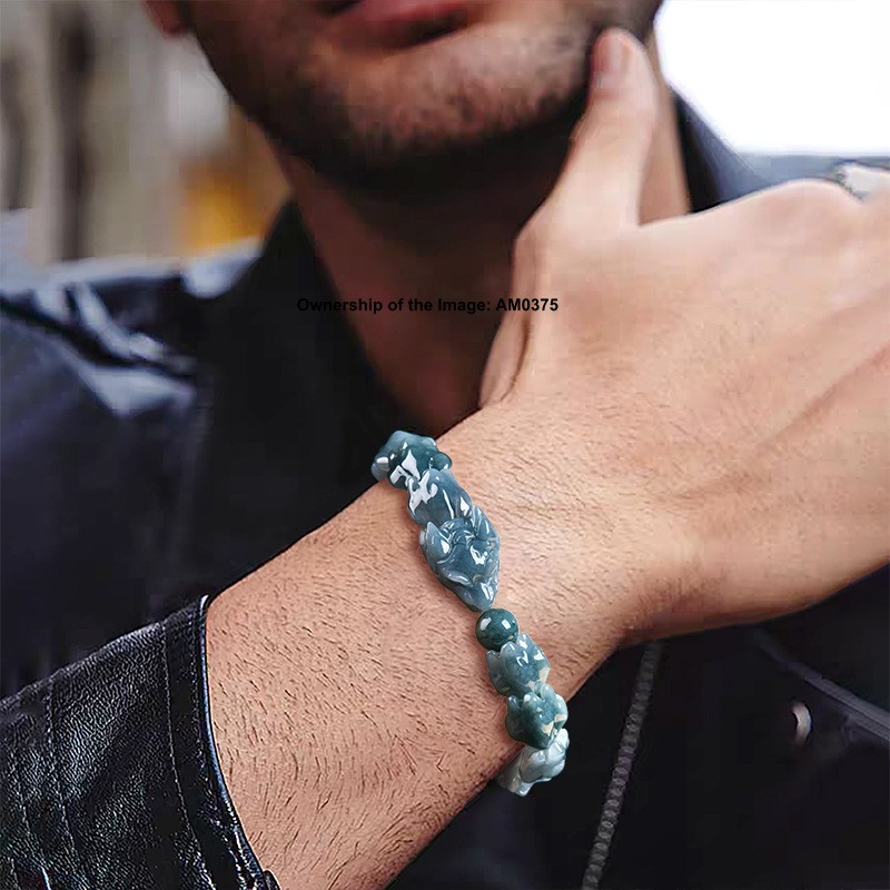 Natural Grade A Jadeite ICY Blue Jade Dragon Shape Bead Elastic Bracelet UNIQUE
