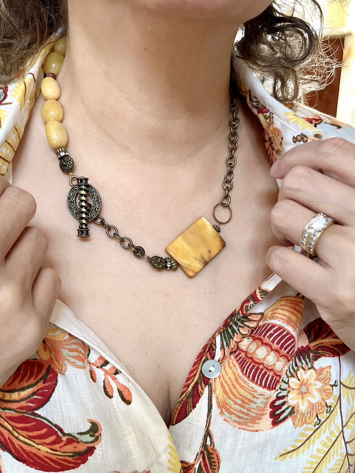 Handcrafted Gold Hued Agate On Bronze Hued Clasp Multi Faceted Multi Look