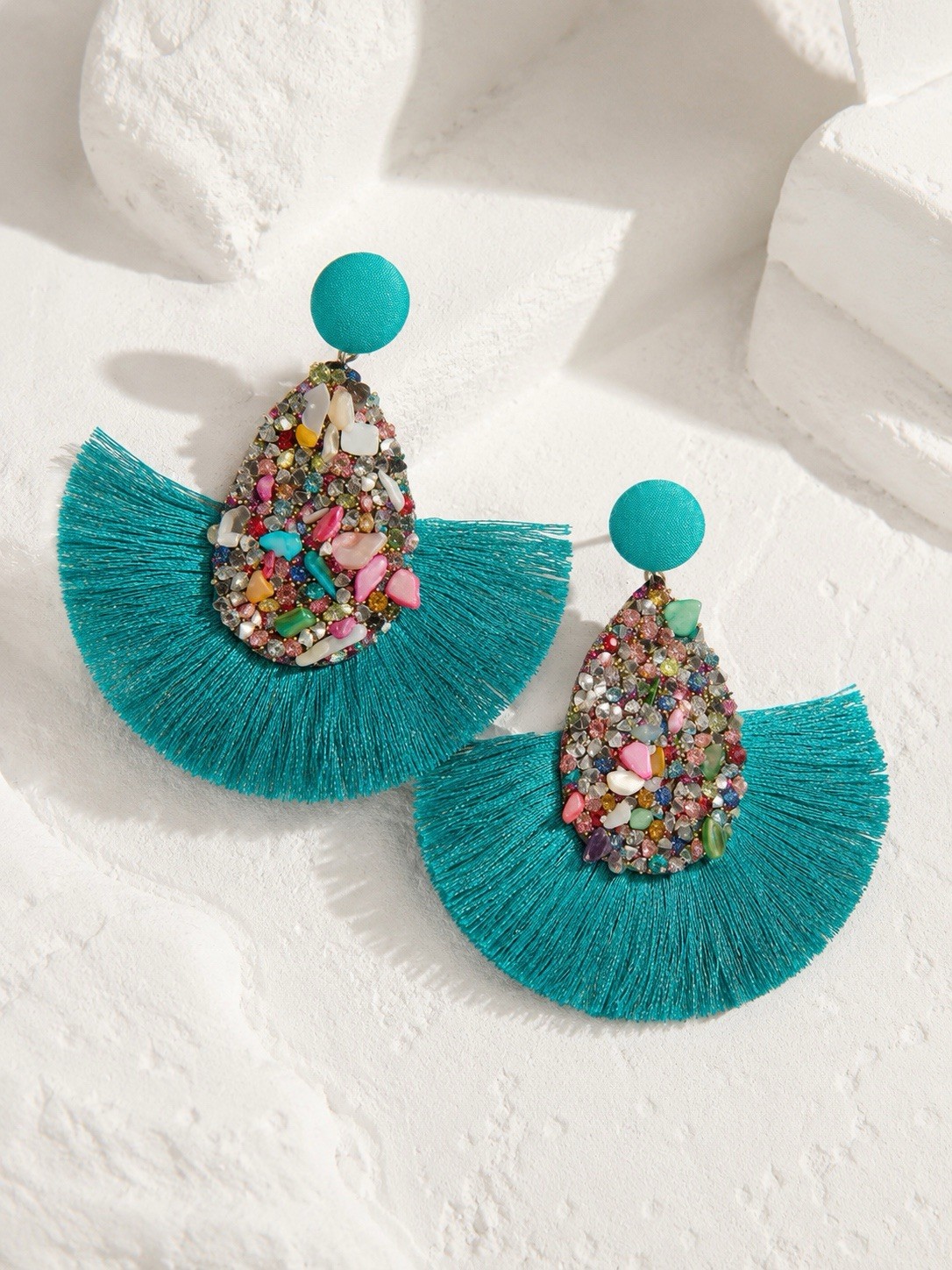 Ettika Turquoise Boho Tassel Statement Earrings Turquoise Fringe Crystal CZ Glam