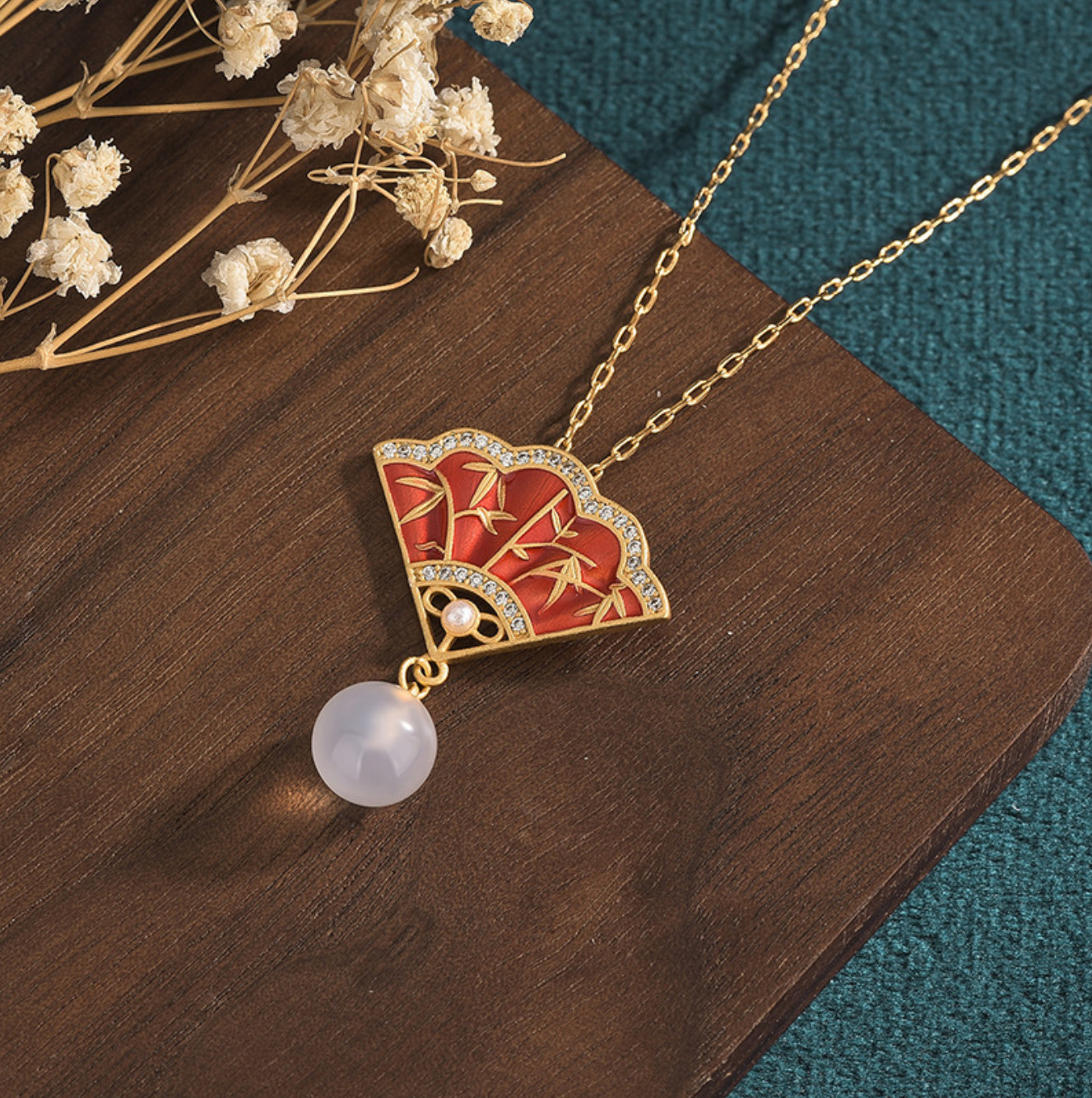 1.2″Jade Jewelry Cloisonne Fan Charm Pendant with Chain Necklace 18K Gold Plated