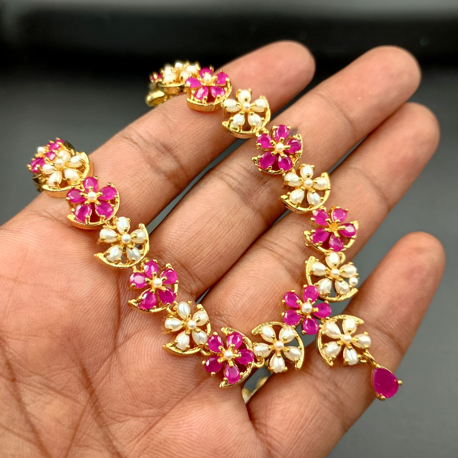 Traditional 22K Gold Plated Floral Ruby Pearl Necklace Set Statement Jewelry