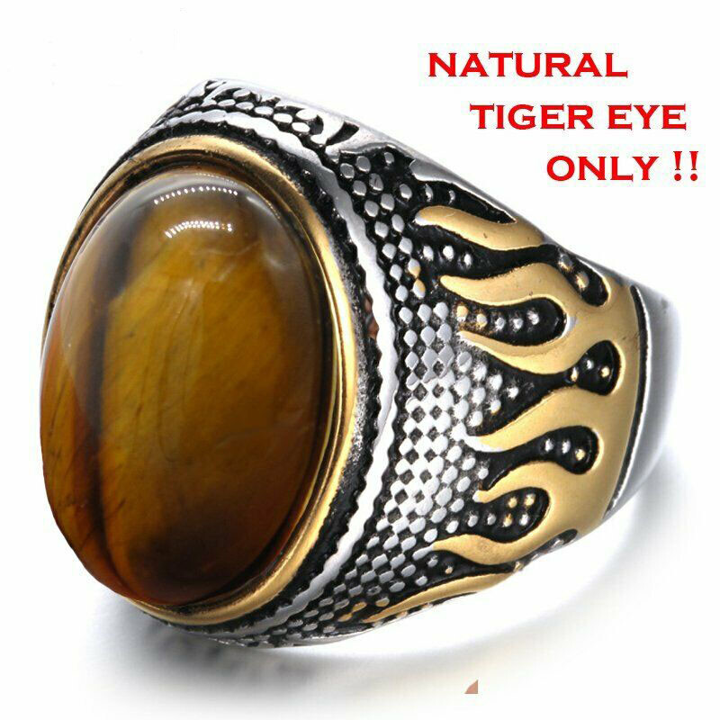 Mens Stainless Steel Gold Natural Oval Tiger Eye Stone Ring Men Size 7-15 Gift