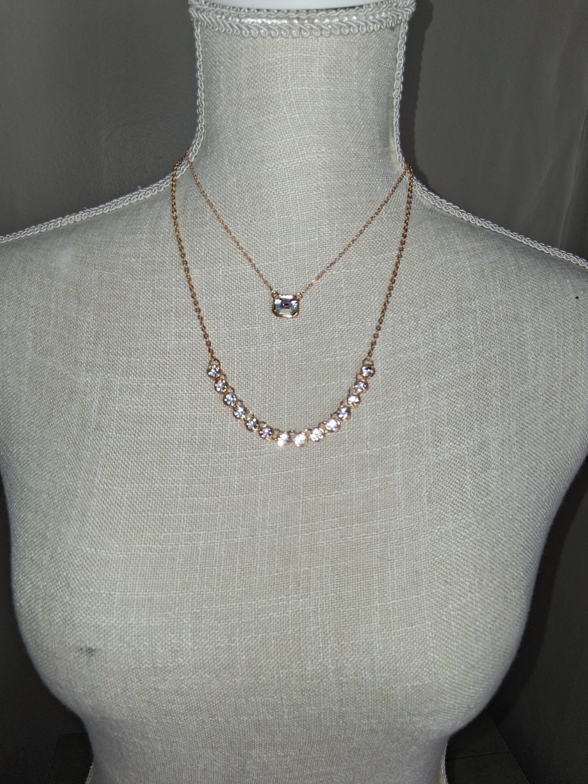 Nickel-Free Gold Tone Layered Necklace Clear Crystal Stones Adjustable Lobster