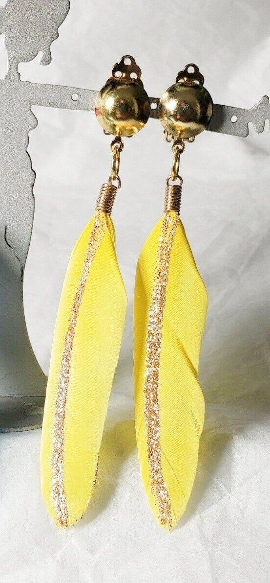 Feather w/glitter clip on earrings, black,white,blue,pink,orange,yellow handmade