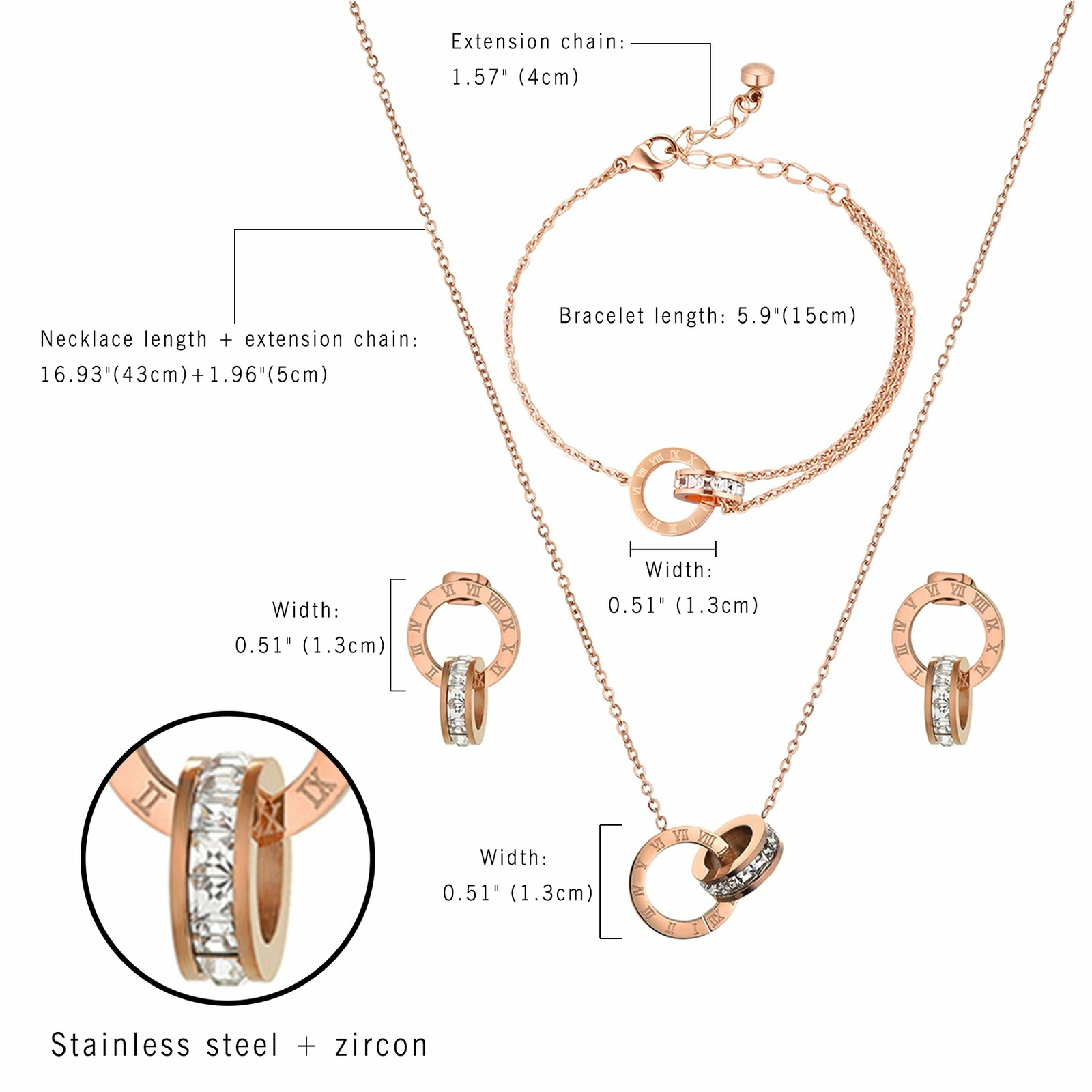 Women Jewelry Set Stainless Steel Roman numerals Necklace Earrings Bracelet Set