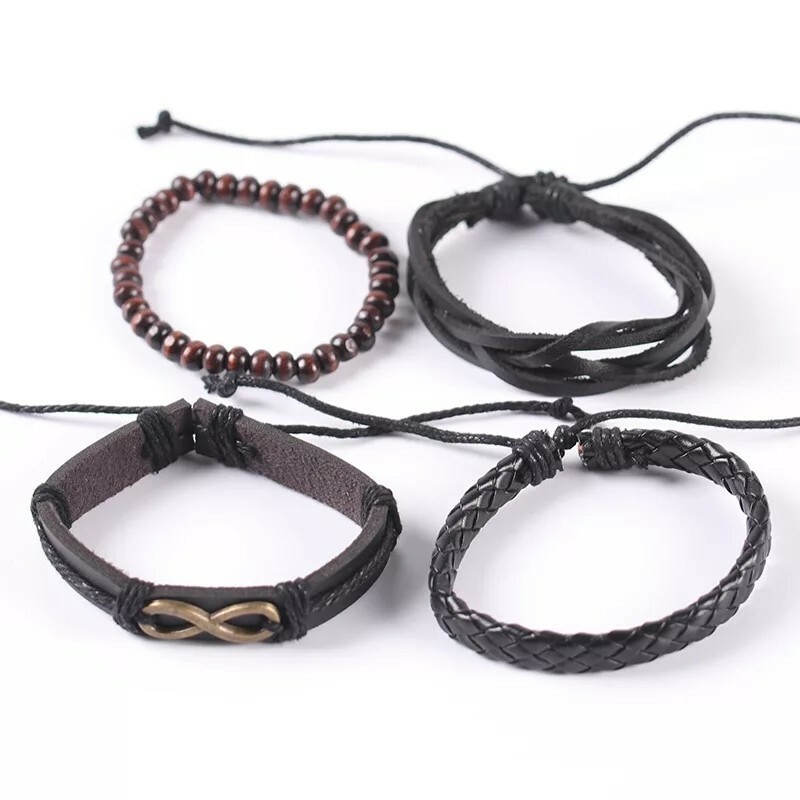 Popular Men’s Cowhide Trendsetter Leather Bracelet Alloy Infinity Wood Bead PU