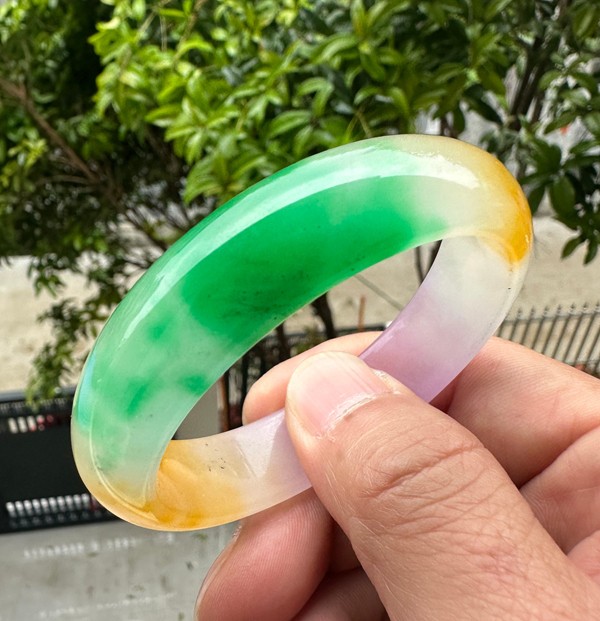 Natural Grade A Jadeite Bangle Tri-Color Green Lavender Yellow Burmese Jade 54mm