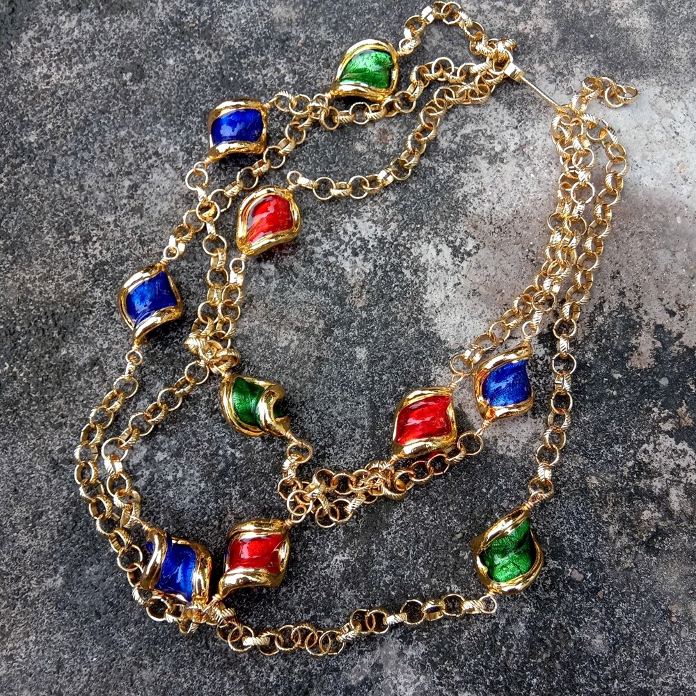 3 Strands Green Blue Red Murano Glass Gold Plated Chain Necklace