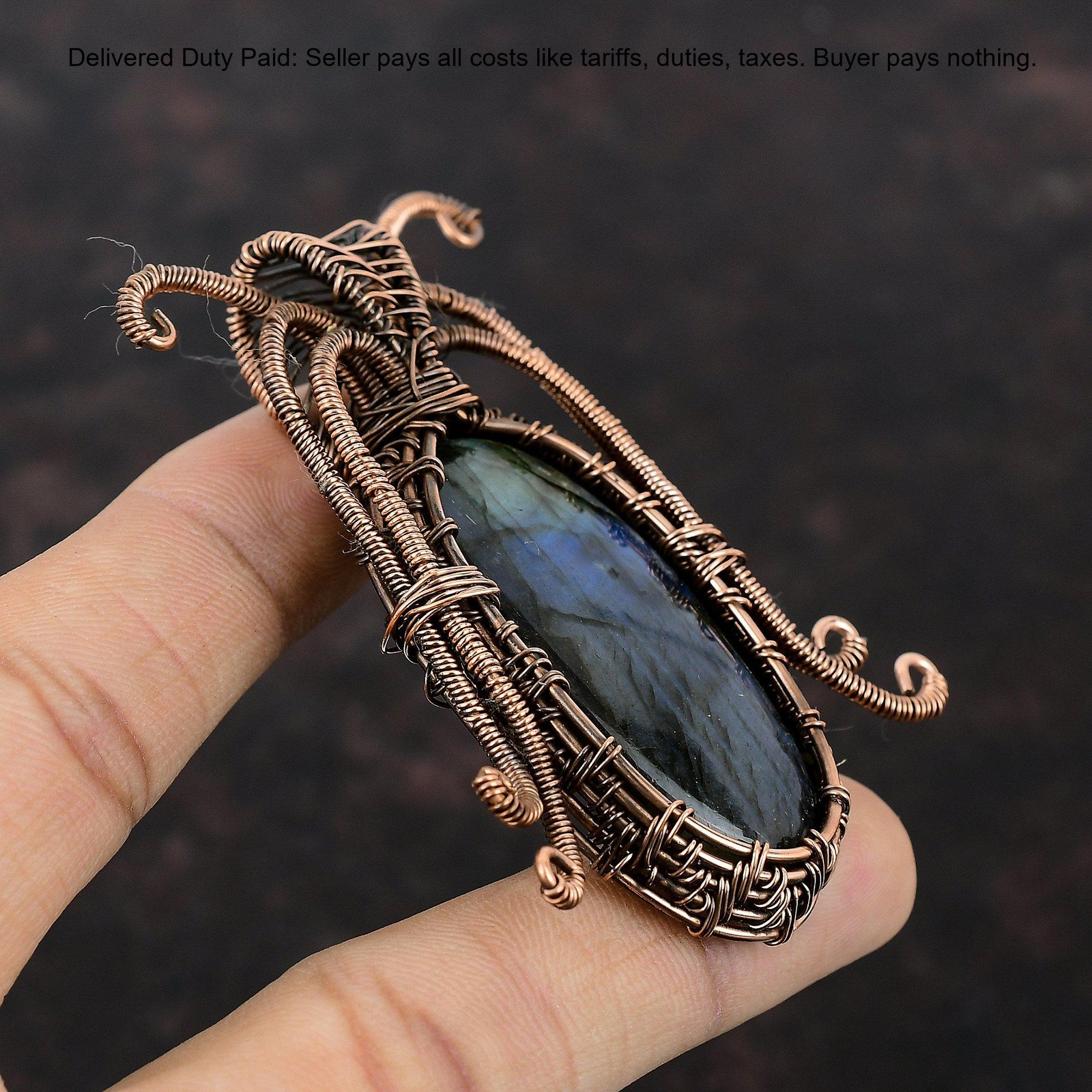 Copper Third Eye Chakra Labradorite Gemstone Unique Wire Wrapped Pendant Jewelry