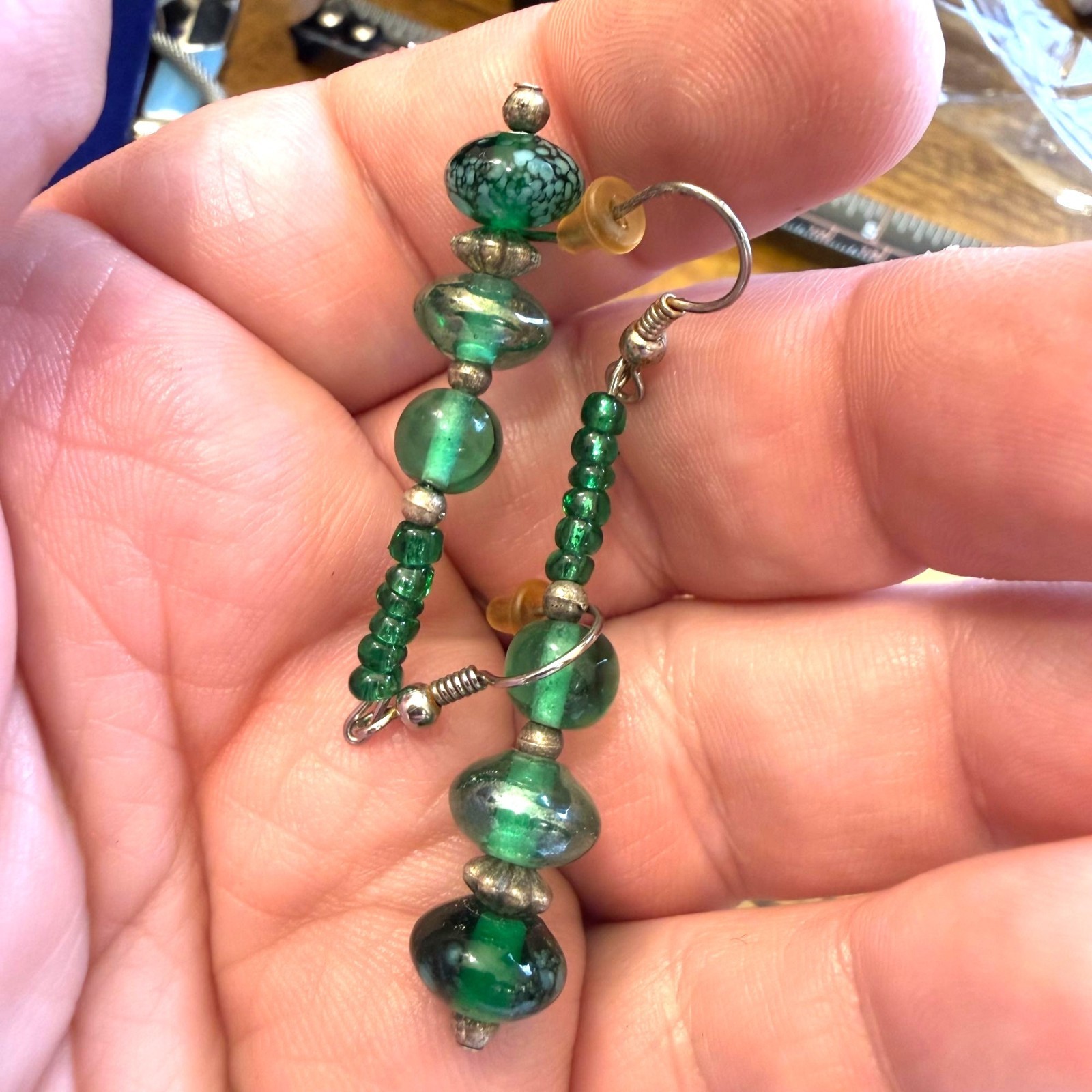 Handmade Green Glass Beaded Dangle Earrings Fashion Jewelry Boho Long Drop