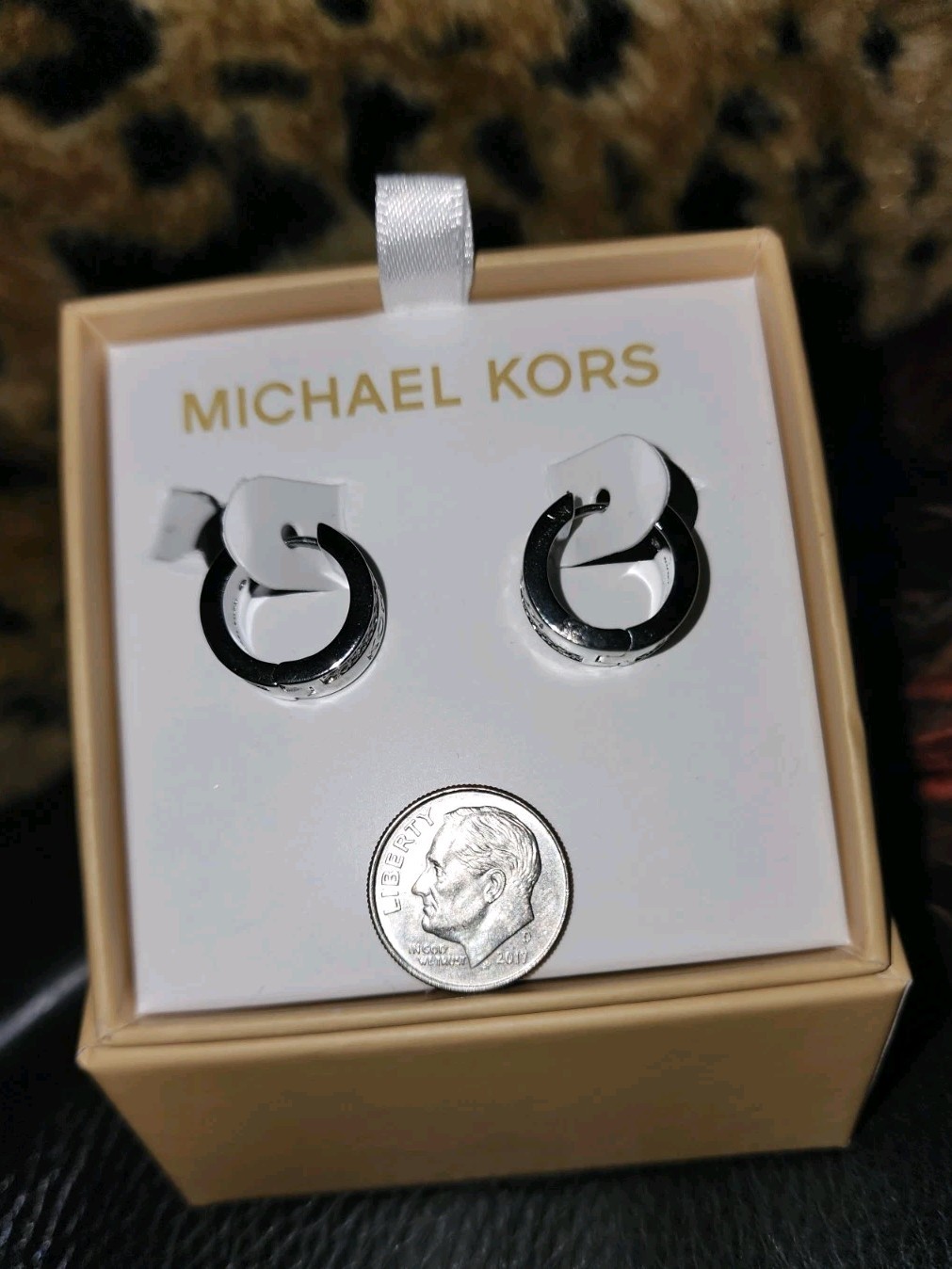 NEW! Michael Kors MK Logo Designer Silvertone Huggie Crystals Earrings $119 NWT
